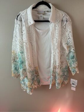 Alfred Dunner White Lace Open Cardigan Gold & Teal Accents NWT Size 1X